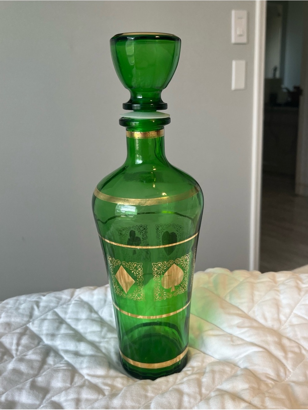 MCM Green Glass Decanter with Gold Accent - Elegant Home Accent